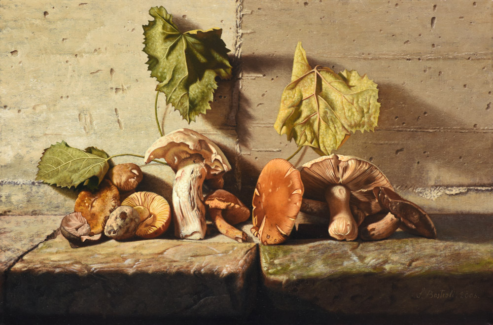 Sandro Bastioli. Quadro contemporaneo olio su tela: composizione di funghi in perfetta armonia con le venature della pietra fredda.