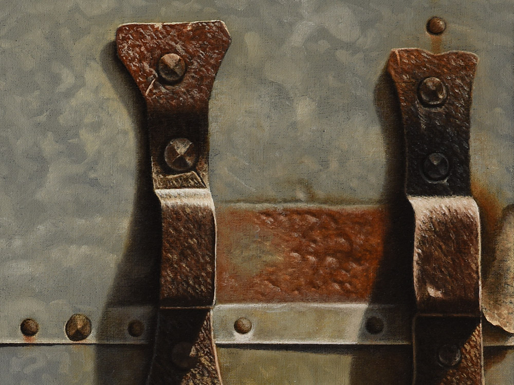 Sandro Bastioli. Oil on canvas painting: artwork depicting galvanized sheet. A canvas that transforms everyday subjects into pure visual poetry. Detail 1