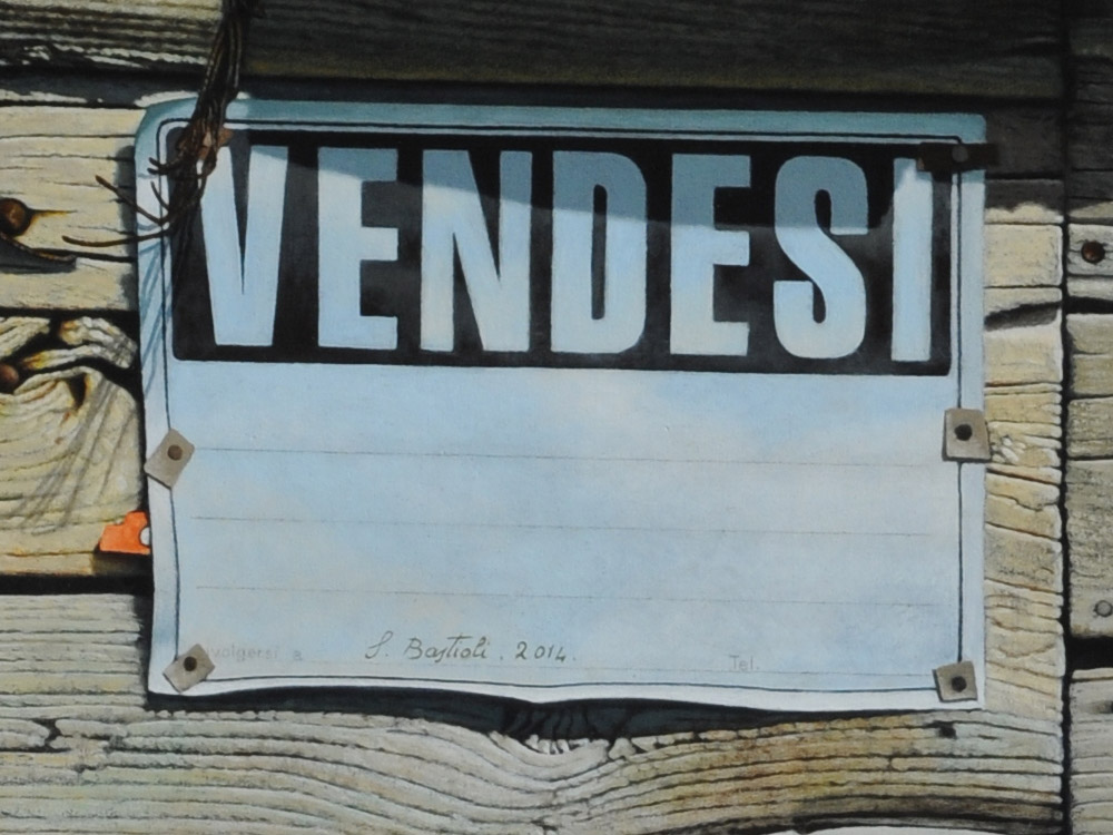 Sandro Bastioli. Italian hyperrealistic painter: artwork depicting for sale door. A sublime hyperrealistic interpretation of urban reality. Detail 1