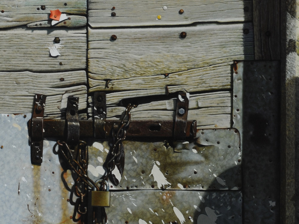 Sandro Bastioli. Italian hyperrealistic painter: artwork depicting for sale door. A sublime hyperrealistic interpretation of urban reality. Detail 2
