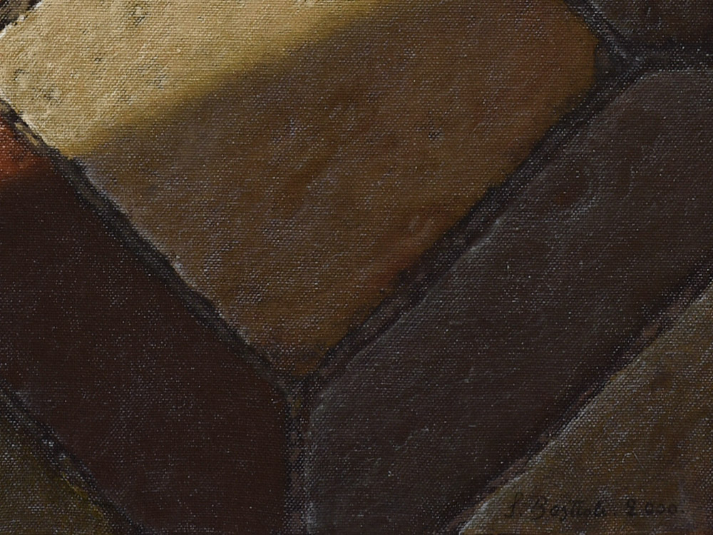 Sandro Bastioli. Hyperrealistic oil on canvas painting: artwork depicting colored paving. A composition that stands out for its photographic perfection. Detail 2
