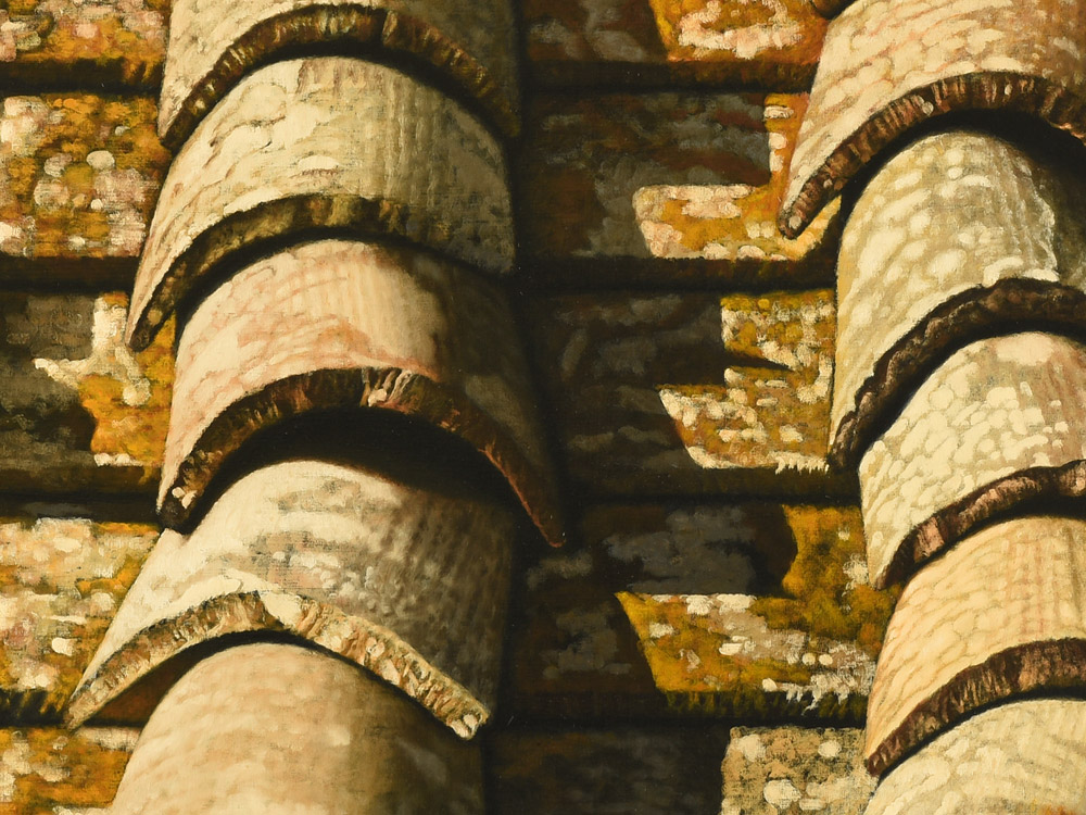 Sandro Bastioli. Hyperrealistic oil painting: artwork depicting ancient roof. A painting that enhances the details of matter worn by time. Detail 1