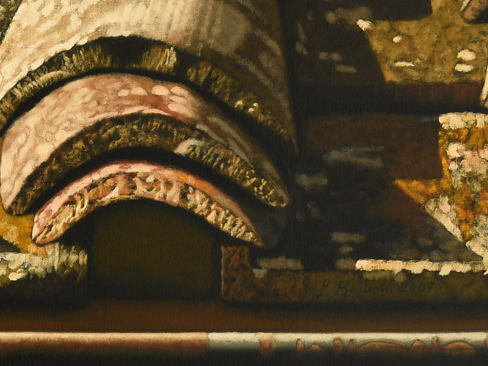 Sandro Bastioli. Hyperrealistic oil painting: artwork depicting ancient roof. A painting that enhances the details of matter worn by time. Detail 2