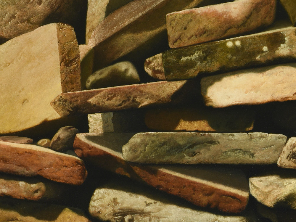 Sandro Bastioli. Oil on canvas hyperrealism: artwork depicting dry stone wall. A masterpiece of pictorial technique and attention to detail. Detail 1