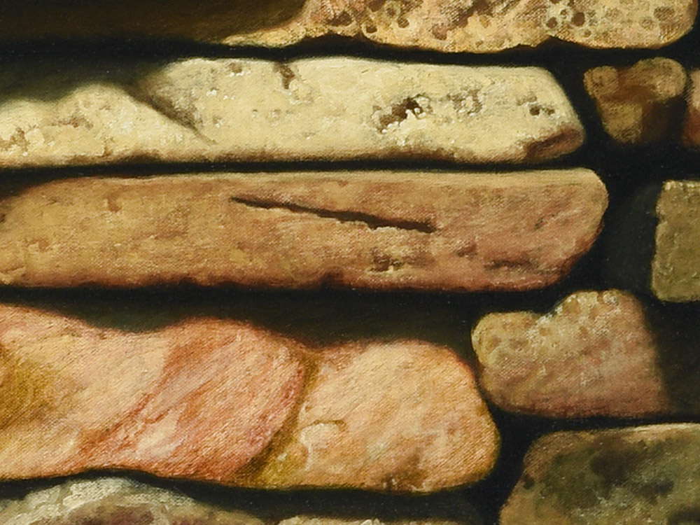 Sandro Bastioli. Oil on canvas hyperrealism: artwork depicting dry stone wall. A masterpiece of pictorial technique and attention to detail. Detail 2