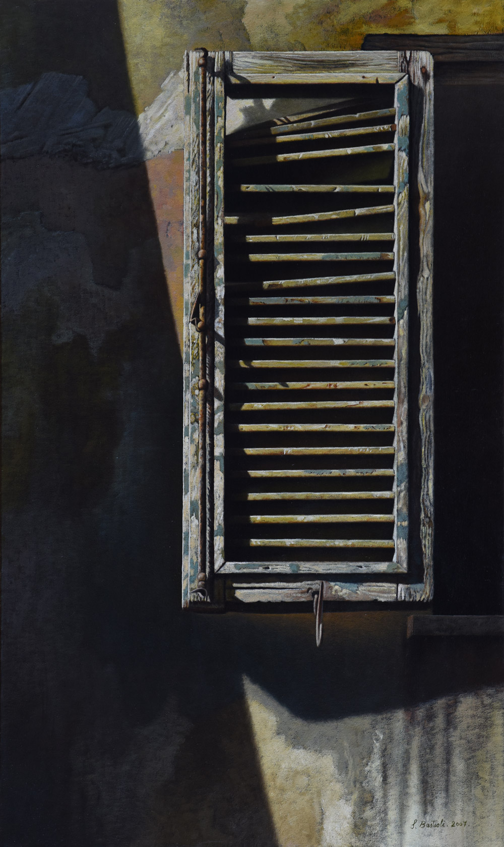 Sandro Bastioli. Quadro di un pittore iperrealista: opera raffigurante persiana antica. Affascinante illusione ottica creata con sapienti pennellate.