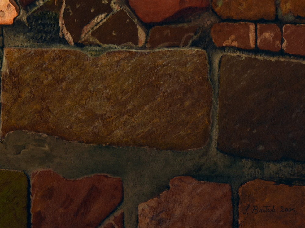 Sandro Bastioli. Painting by a contemporary painter: artwork depicting irregular paving. A canvas that transforms everyday subjects into pure visual poetry. Detail 2
