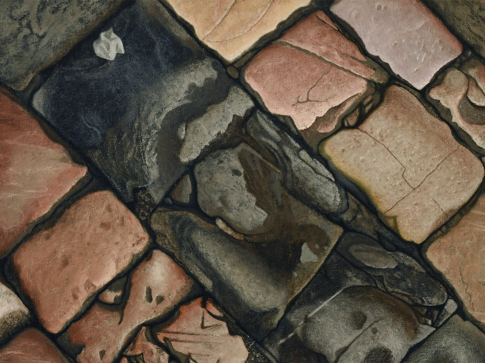 Sandro Bastioli. Italian contemporary painter: artwork depicting painted cobblestones. A sublime hyperrealistic interpretation of urban reality. Detail 1