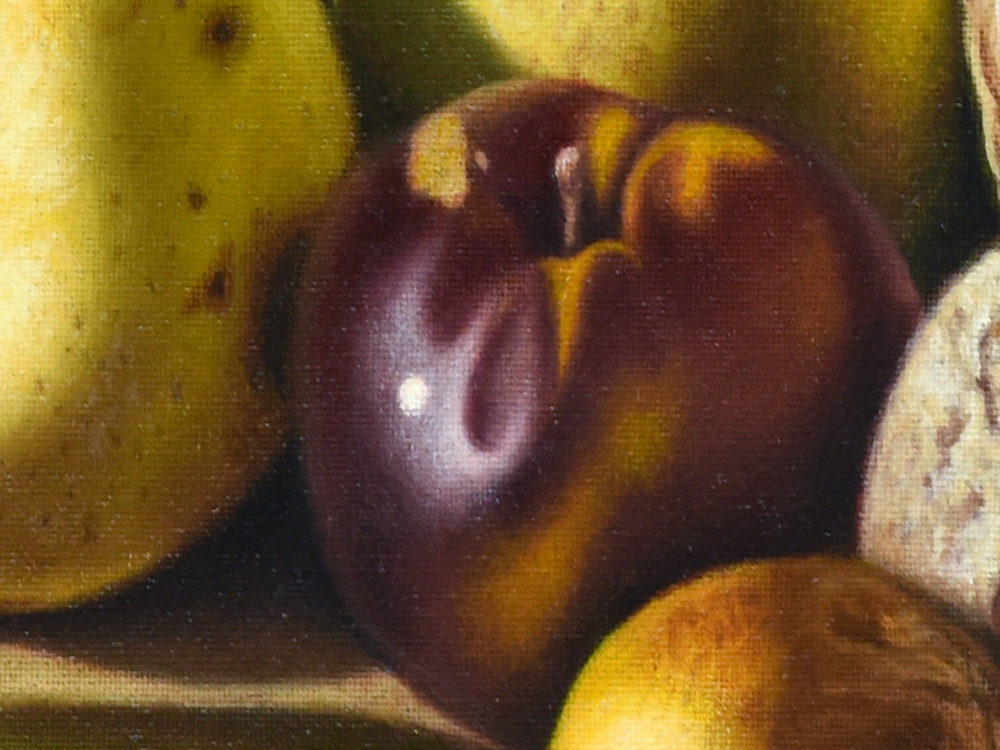 Sandro Bastioli. Pittura iperrealista di natura morta: melone e frutti maturi su marmo. Resa visiva straordinaria della trasformazione del tempo. Dettaglio 1