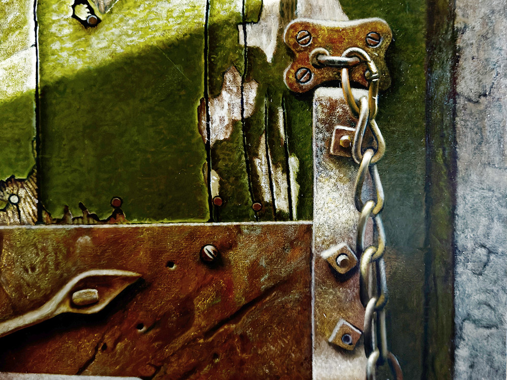 Sandro Bastioli. Contemporary oil painting: artwork depicting green door. A masterpiece of pictorial technique and attention to detail. Detail 1