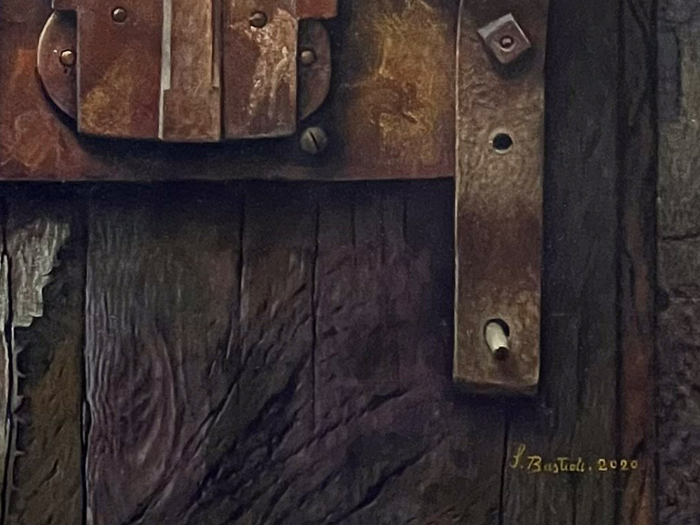 Sandro Bastioli. Contemporary oil painting: artwork depicting green door. A masterpiece of pictorial technique and attention to detail. Detail 2