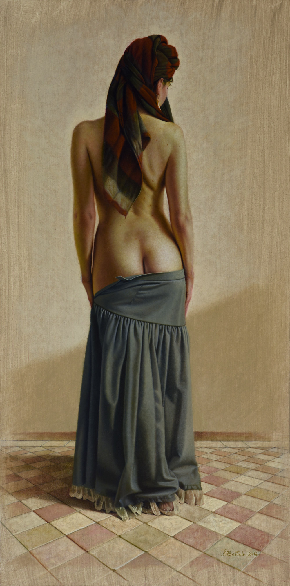 Sandro Bastioli. Quadro contemporaneo olio: opera raffigurante nudo schiena femminile. Un capolavoro di tecnica pittorica e cura anatomica del dettaglio.