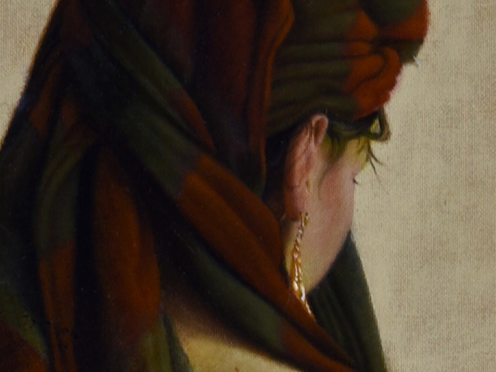 Sandro Bastioli. Contemporary oil painting: artwork depicting female back nude. A masterpiece of pictorial technique and anatomical attention to detail. Detail 1