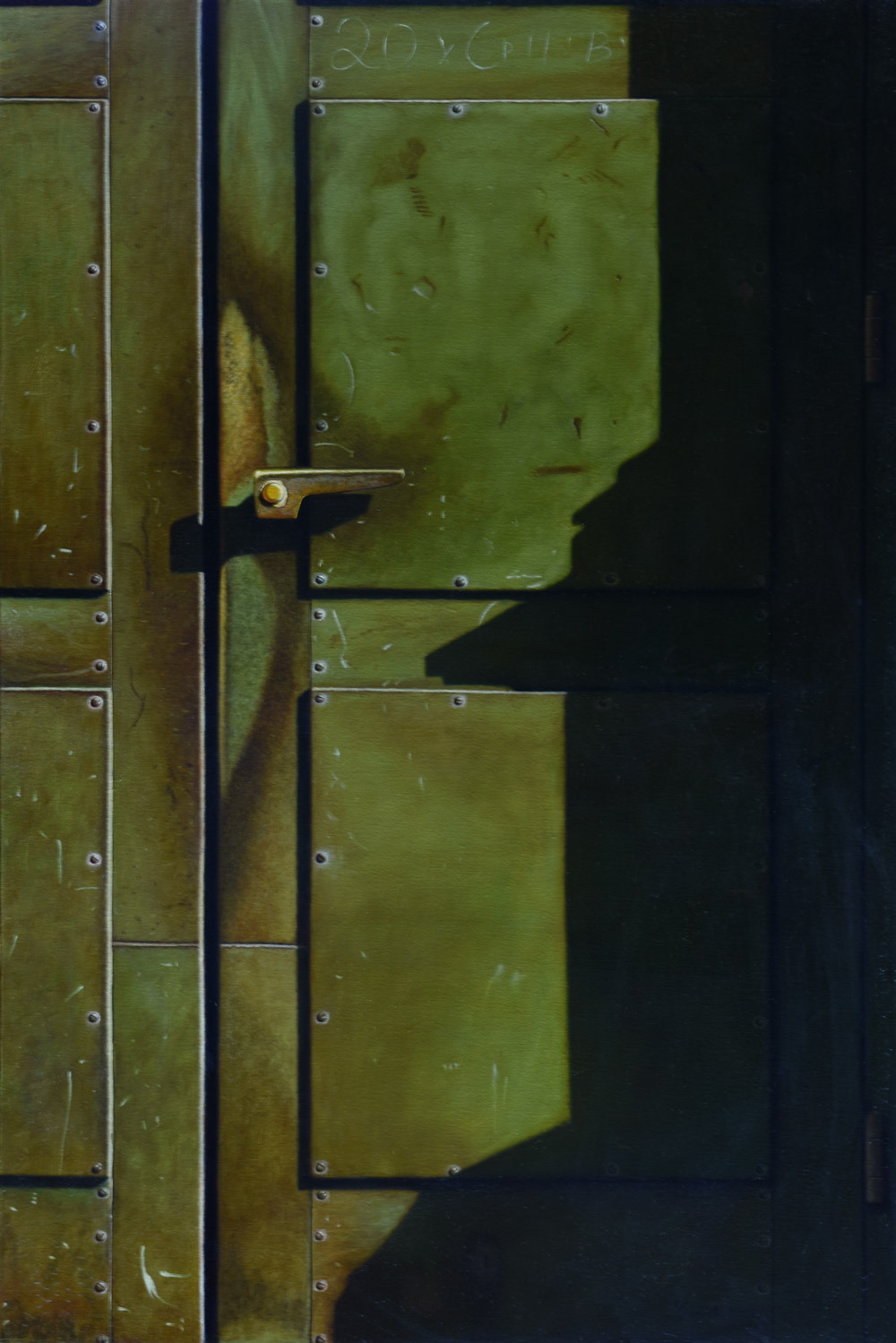 Sandro Bastioli. Oil on canvas painting: artwork depicting green metal door. A composition that stands out for its photographic perfection.