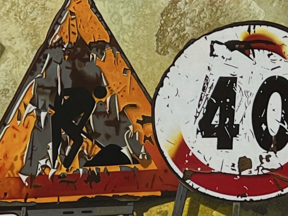 Sandro Bastioli. Italian hyperrealistic painter: artwork depicting road signs. An artwork of incredible material realism. Detail 2