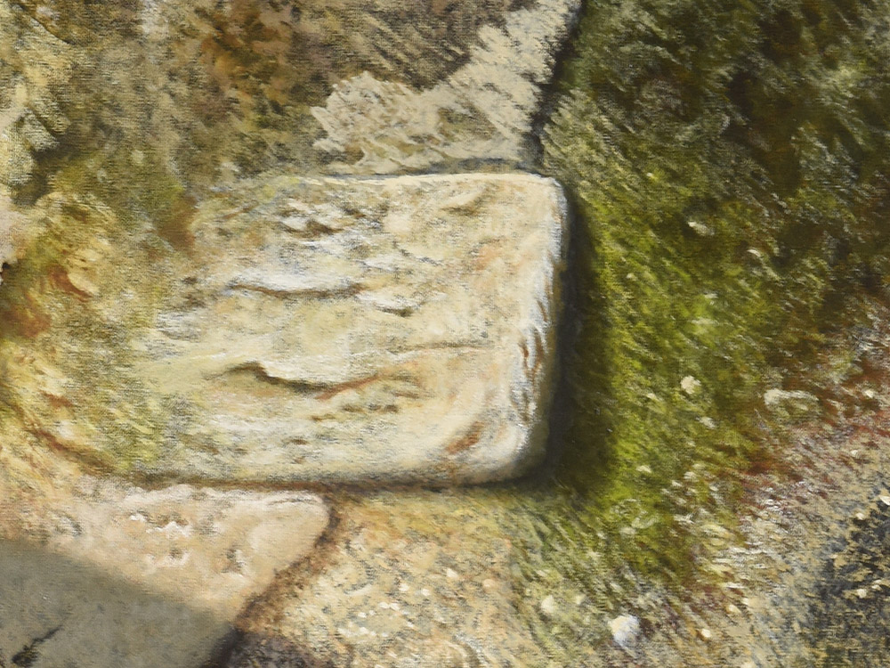 Sandro Bastioli. Quadro iperrealista olio su tela: opera raffigurante muro antico. Dipinto caratterizzato da una resa visiva straordinaria. Dettaglio 1