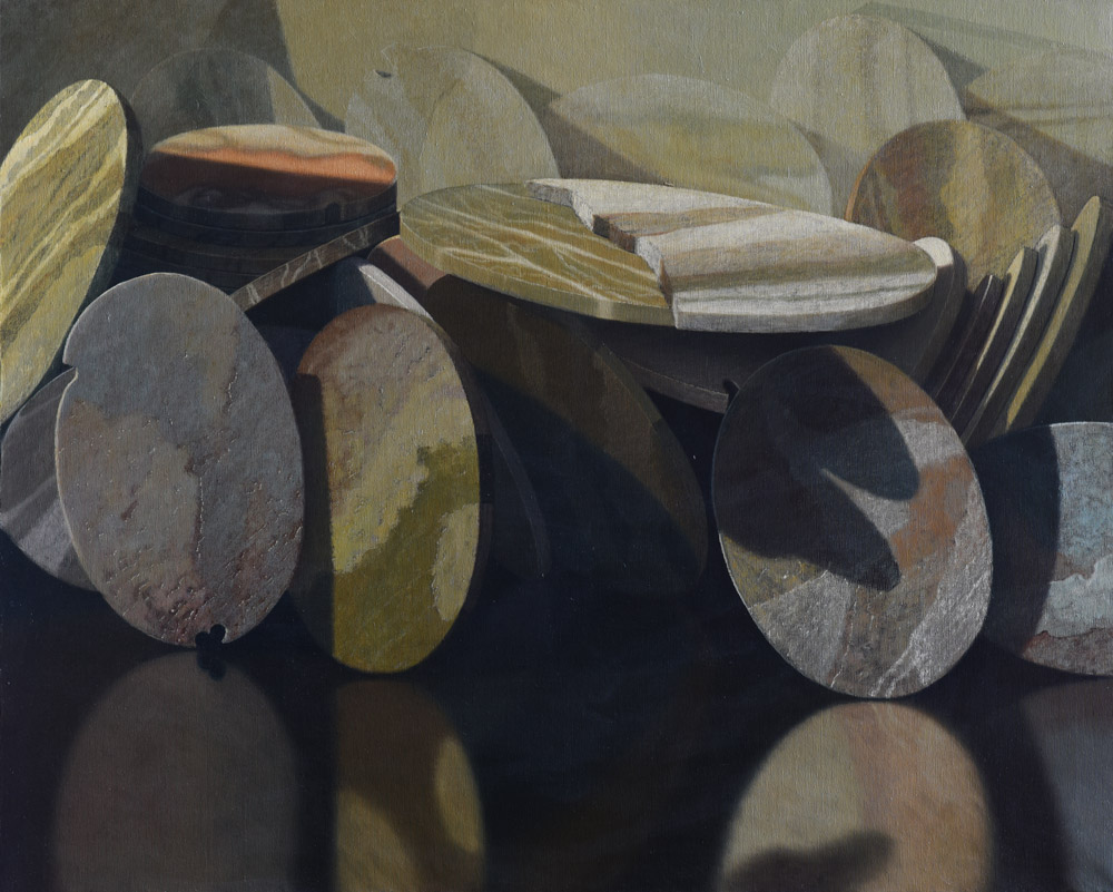 Sandro Bastioli. Dipinto contemporaneo olio su tela: opera raffigurante pietre tonde. Quadro che esalta i dettagli della materia usurata dal tempo.