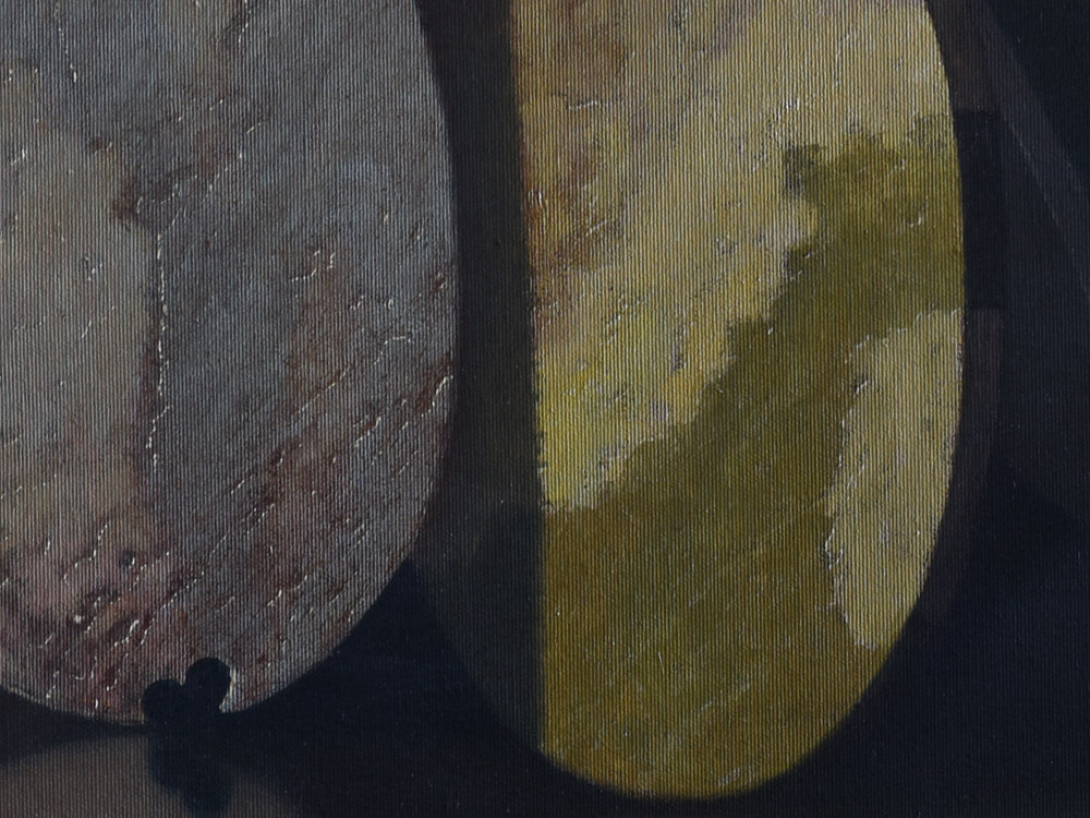 Sandro Bastioli. Contemporary oil on canvas painting: artwork depicting round stones. A painting that enhances the details of matter worn by time. Detail 1