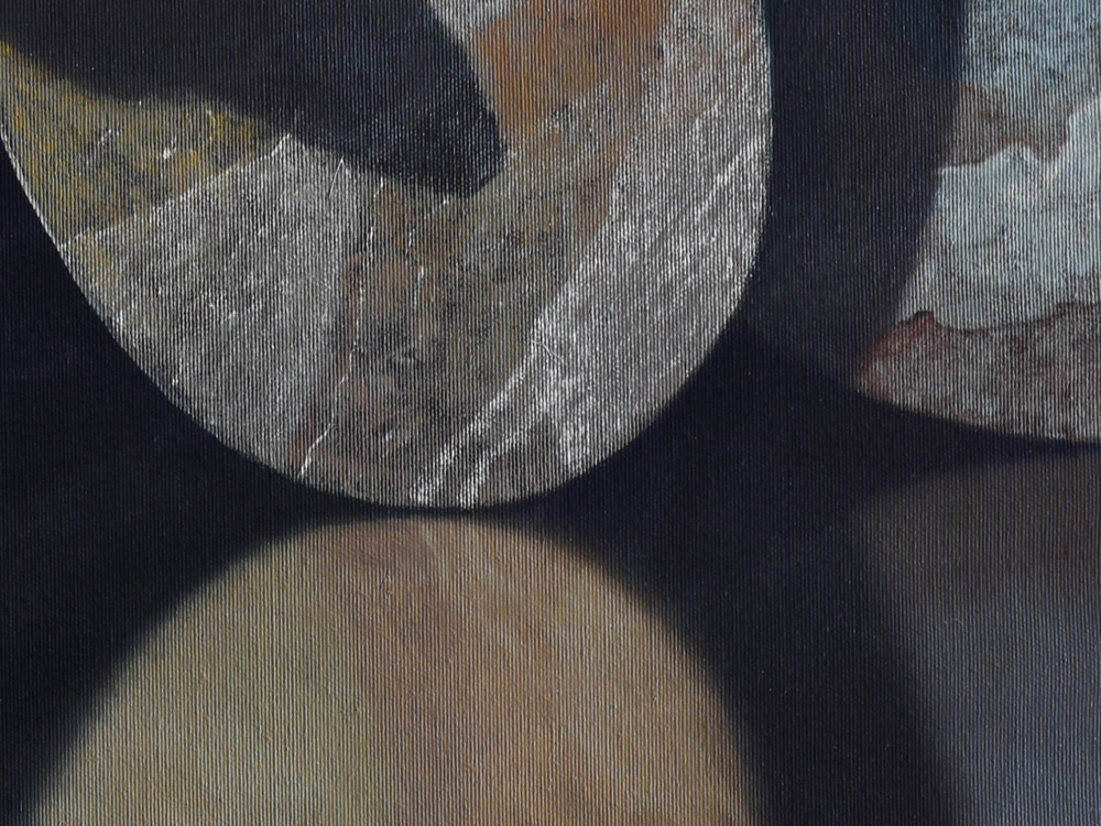 Sandro Bastioli. Contemporary oil on canvas painting: artwork depicting round stones. A painting that enhances the details of matter worn by time. Detail 2