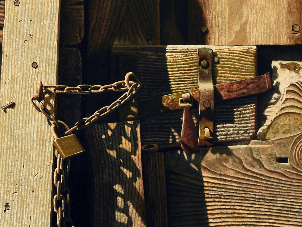 Sandro Bastioli. Hyperrealistic oil painting: artwork depicting wooden door. A fascinating optical illusion created with masterful brushstrokes. Detail 1
