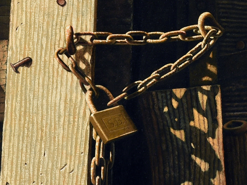 Sandro Bastioli. Hyperrealistic oil painting: artwork depicting wooden door. A fascinating optical illusion created with masterful brushstrokes. Detail 2