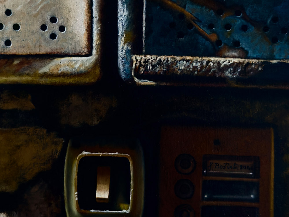 Sandro Bastioli. Oil on canvas hyperrealism: artwork depicting mailboxes. A canvas that transforms everyday subjects into pure visual poetry. Detail 2