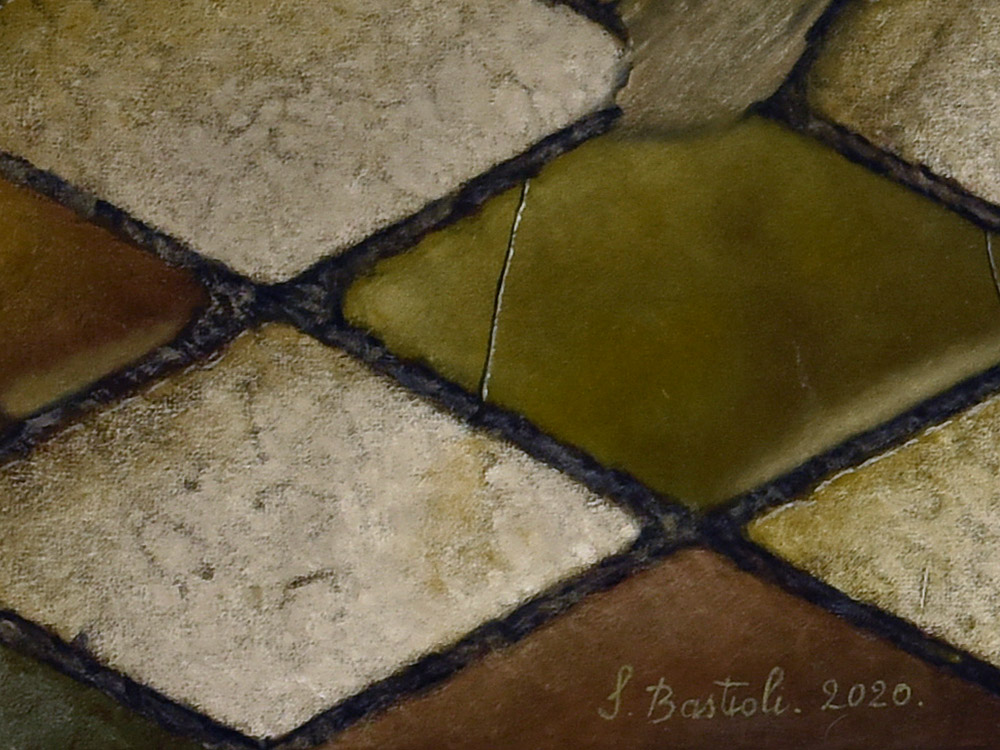Sandro Bastioli. Painting by a contemporary painter: artwork depicting polychrome paving. A composition that stands out for its photographic perfection. Detail 2