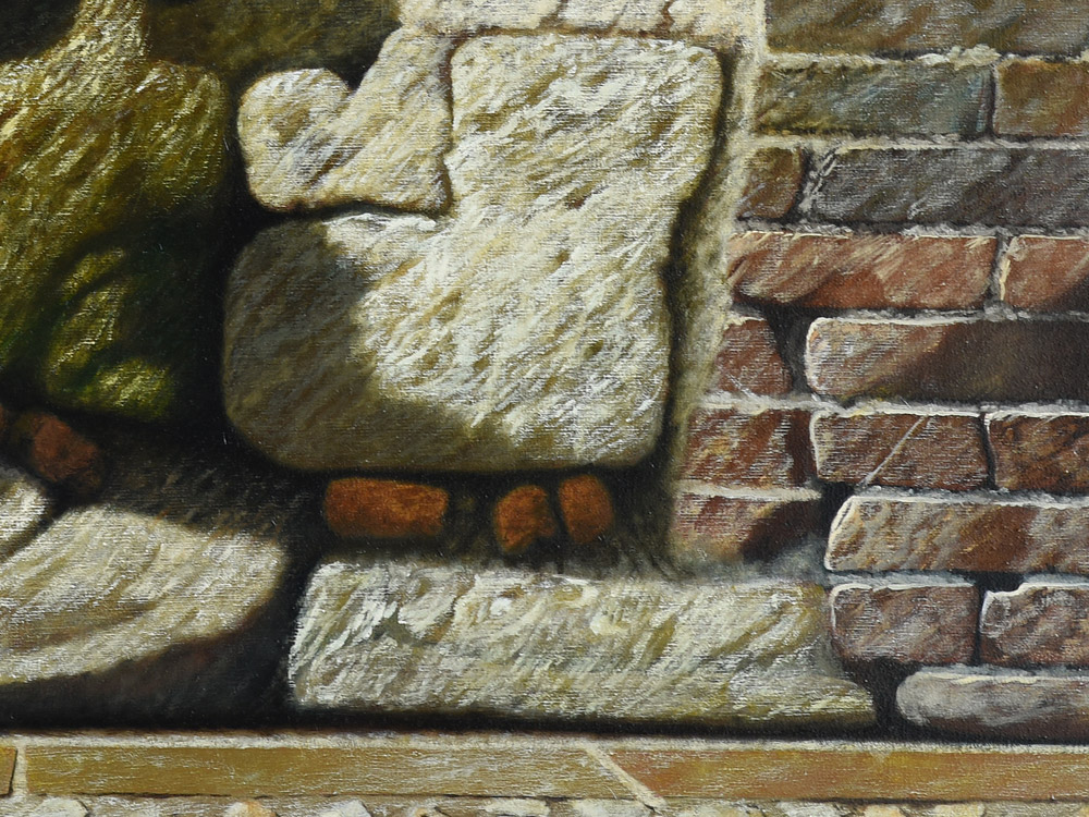 Sandro Bastioli. Italian hyperrealistic painter: artwork depicting brick wall. A painting that enhances the details of matter worn by time. Detail 2