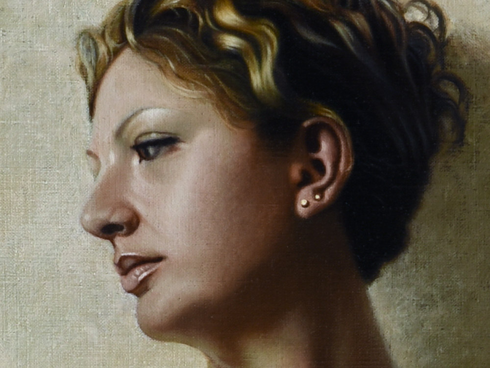 Sandro Bastioli. Oil on canvas hyperrealism: artwork depicting nude woman on stool. A canvas that transforms the intimacy of the human body into pure visual poetry. Detail 1