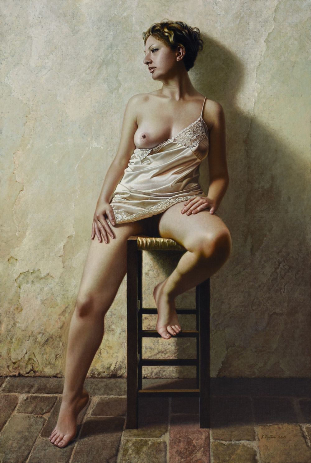 Sandro Bastioli. Oil on canvas hyperrealism: artwork depicting nude woman on stool. A canvas that transforms the intimacy of the human body into pure visual poetry. Interior