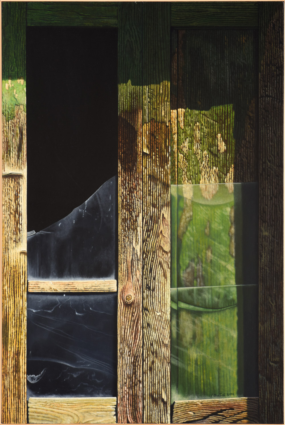 Sandro Bastioli. Painting by a hyperrealistic painter: artwork depicting farmhouse window. A sublime hyperrealistic interpretation of urban reality.