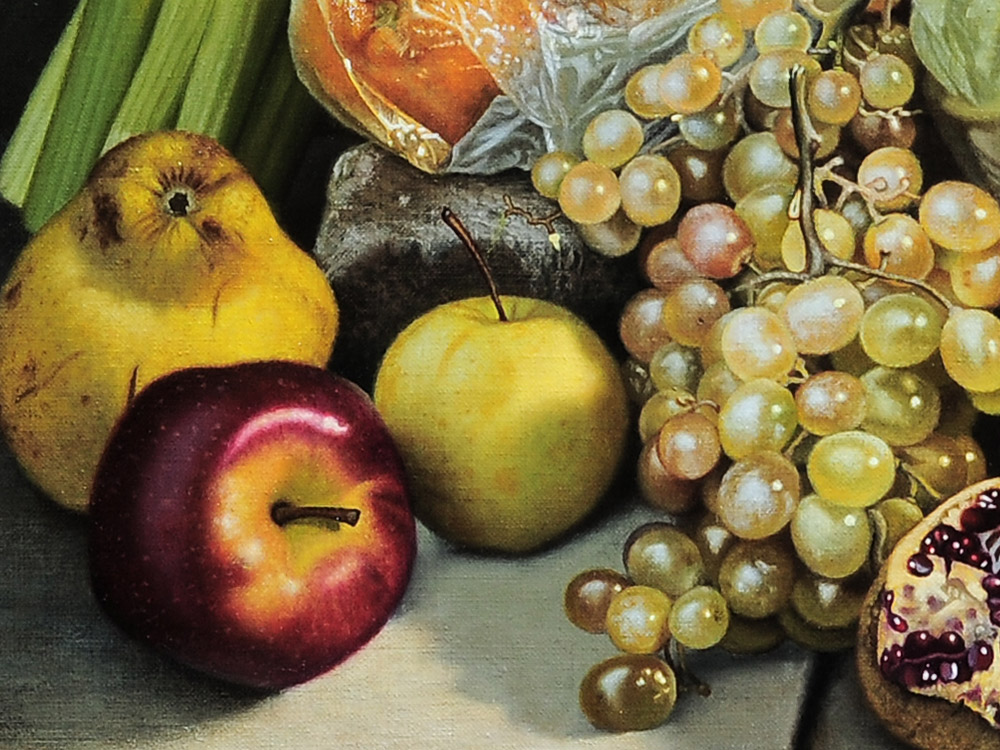 Sandro Bastioli. Modern still life oil on canvas: fruit and vegetables in grocery plastic. Excellent contrast between nature and artifice. Detail 1