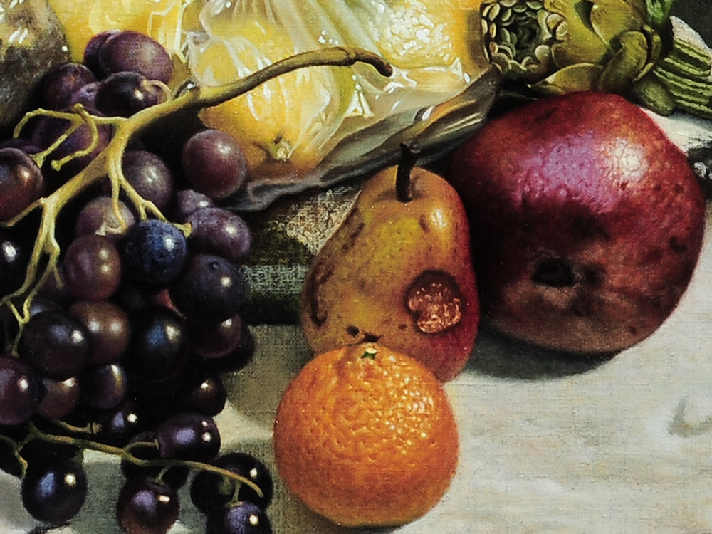 Sandro Bastioli. Modern still life oil on canvas: fruit and vegetables in grocery plastic. Excellent contrast between nature and artifice. Detail 2