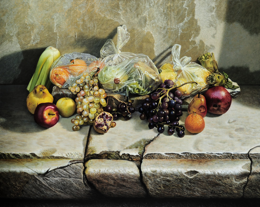 Sandro Bastioli. Modern still life oil on canvas: fruit and vegetables in grocery plastic. Excellent contrast between nature and artifice. Interior