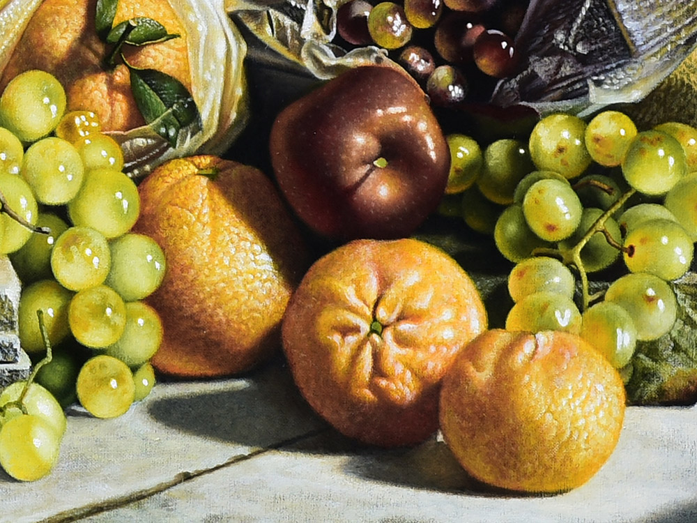 Sandro Bastioli. Hyperrealistic painting: ancient vase alongside grocery bags. Extraordinary fusion of classic elegance and everyday life. Detail 2