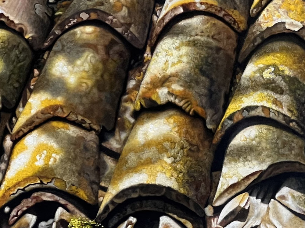 Sandro Bastioli. Dipinto di un pittore contemporaneo: opera raffigurante tetto cotto. Composizione che spicca per la sua perfezione fotografica. Dettaglio 1