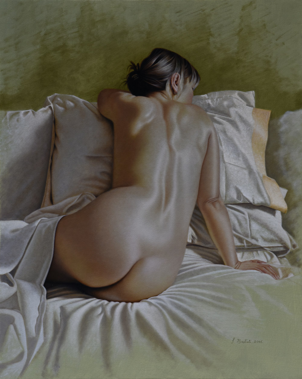 Sandro Bastioli. Painting by a contemporary painter: artwork depicting nude back on bed. A composition that stands out for its photographic and emotional perfection. Interior