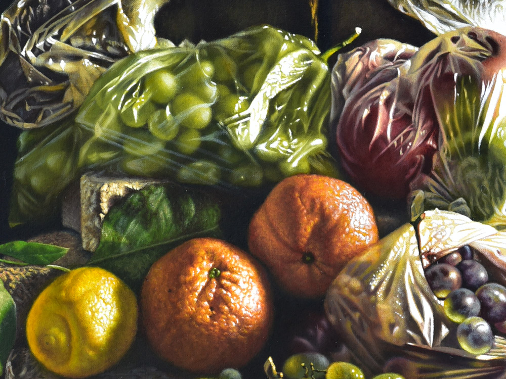 Sandro Bastioli. Contemporary Caravaggesque painting: illuminated fruit on a stone street. An urban stage of extreme realism. Detail 1
