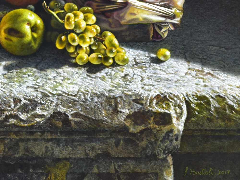 Sandro Bastioli. Contemporary Caravaggesque painting: illuminated fruit on a stone street. An urban stage of extreme realism. Detail 2